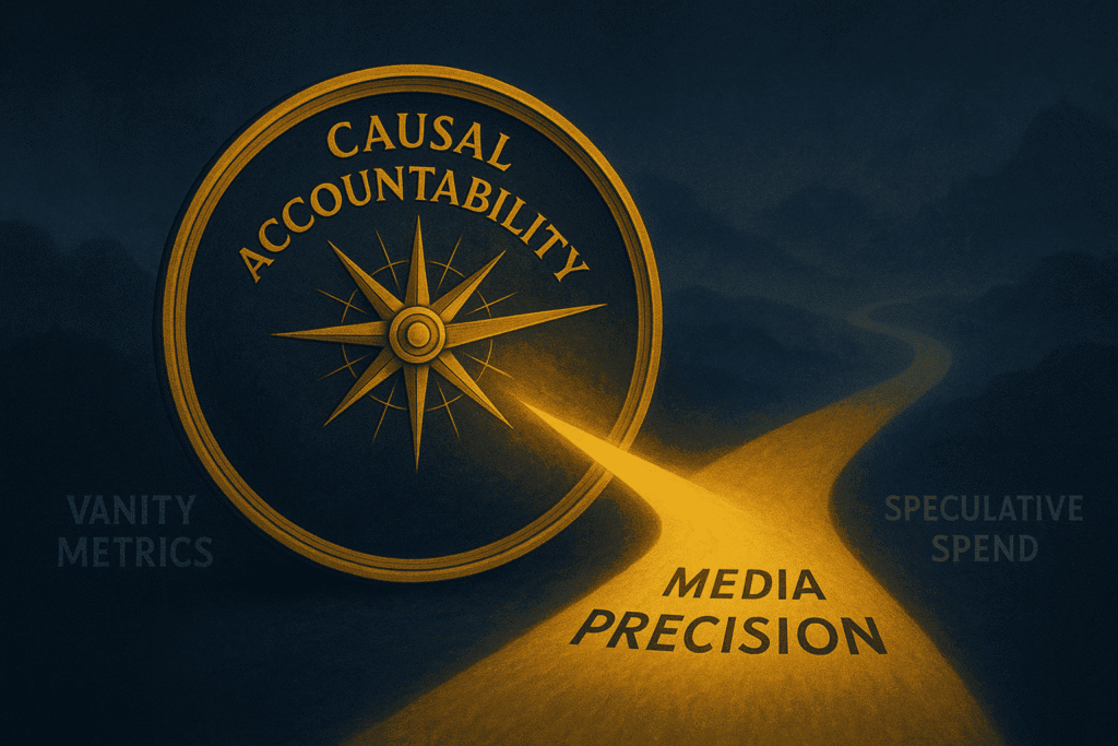 Financial compass labeled ‘Causal Accountability’ pointing toward a glowing path of media precision with foggy terrain labeled ‘Vanity Metrics.