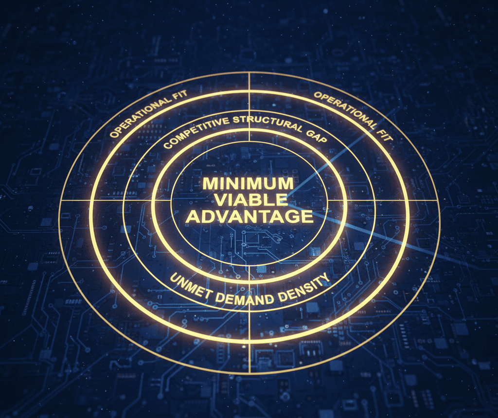Radar screen locking onto a market target labeled ‘Minimum Viable Advantage’ with three concentric scoring rings.