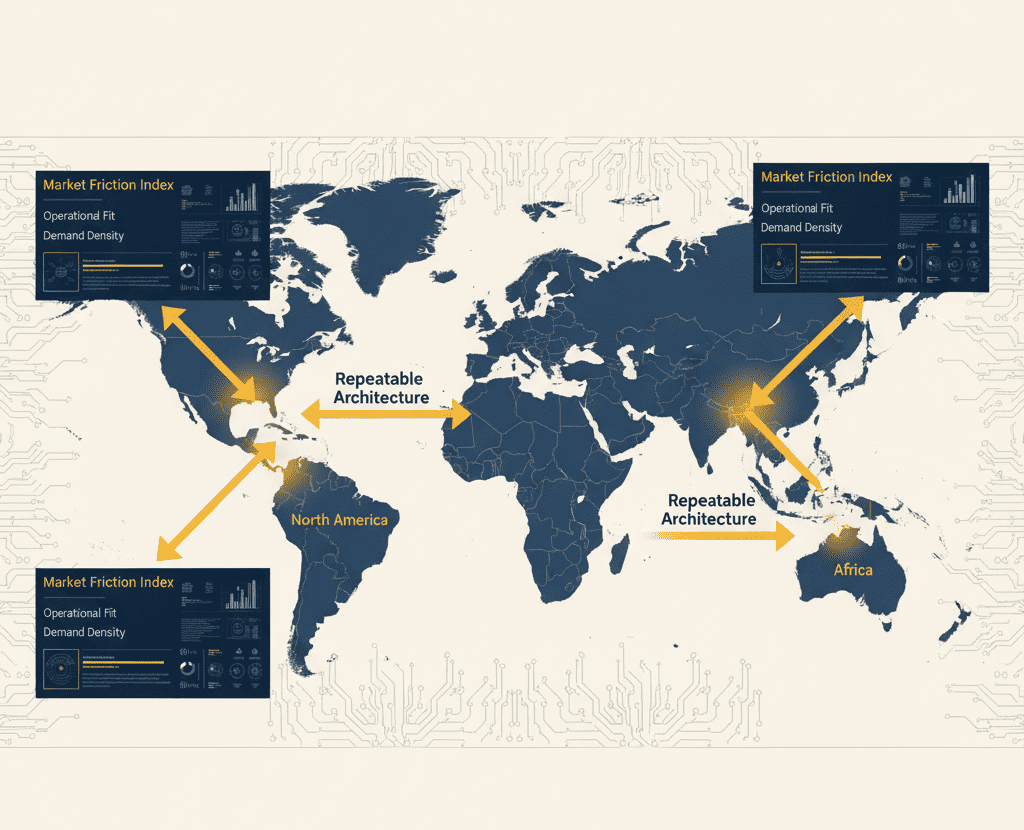Deployment map showing beachheads in APAC and Western Europe with predictive metrics and expansion arrows.