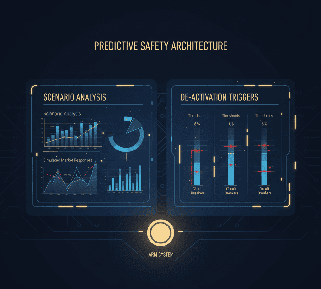Control panel labeled ‘Predictive Safety Architecture’ with modules for Scenario Analysis and De-Activation Triggers.