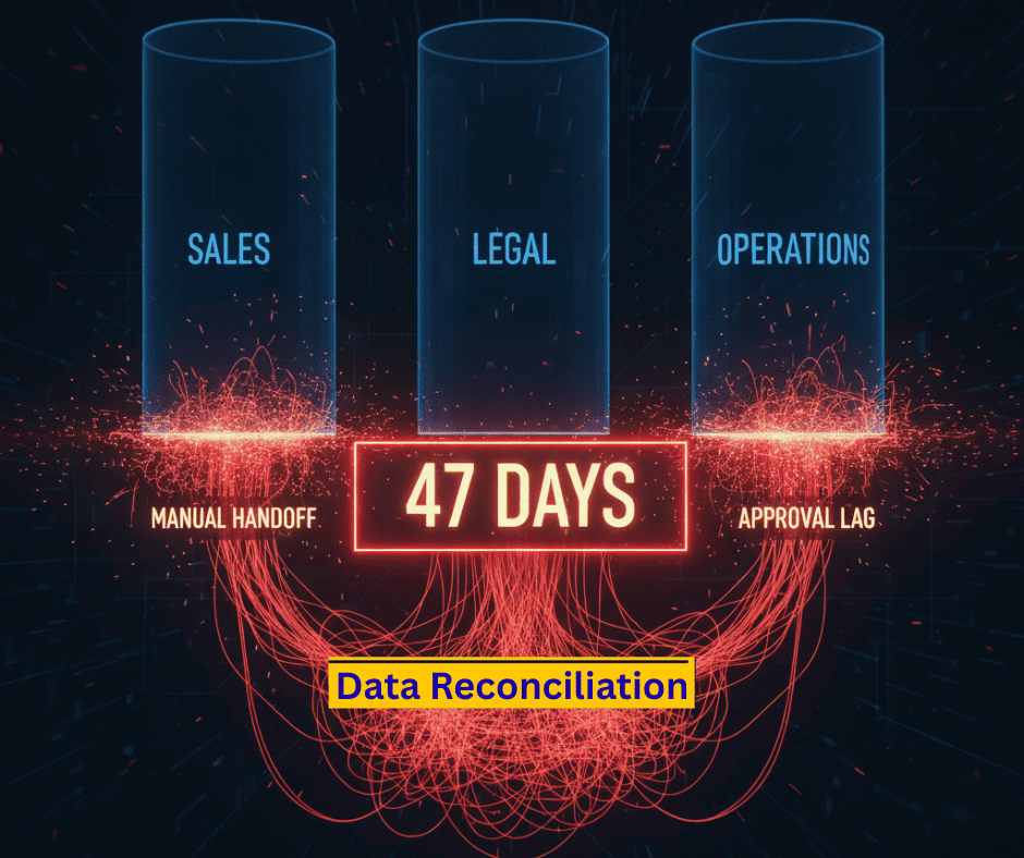 Workflow diagram showing disconnected silos with friction points labeled ‘Manual Handoff,’ ‘Approval Lag,’ and ‘Data Reconciliation.