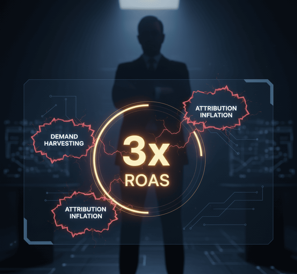 Dashboard showing 3x ROAS surrounded by warning signals labeled ‘Demand Harvesting,’ ‘Attribution Inflation,’ and ‘Low-LTV Cohorts.