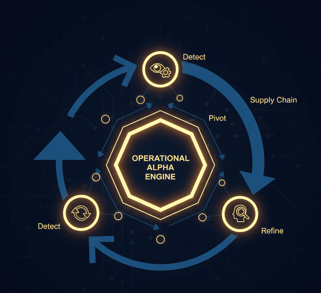 Enterprise diagram with feedback loops labeled ‘Detect,’ ‘Pivot,’ and ‘Refine’ surrounding an Operational Alpha Engine.