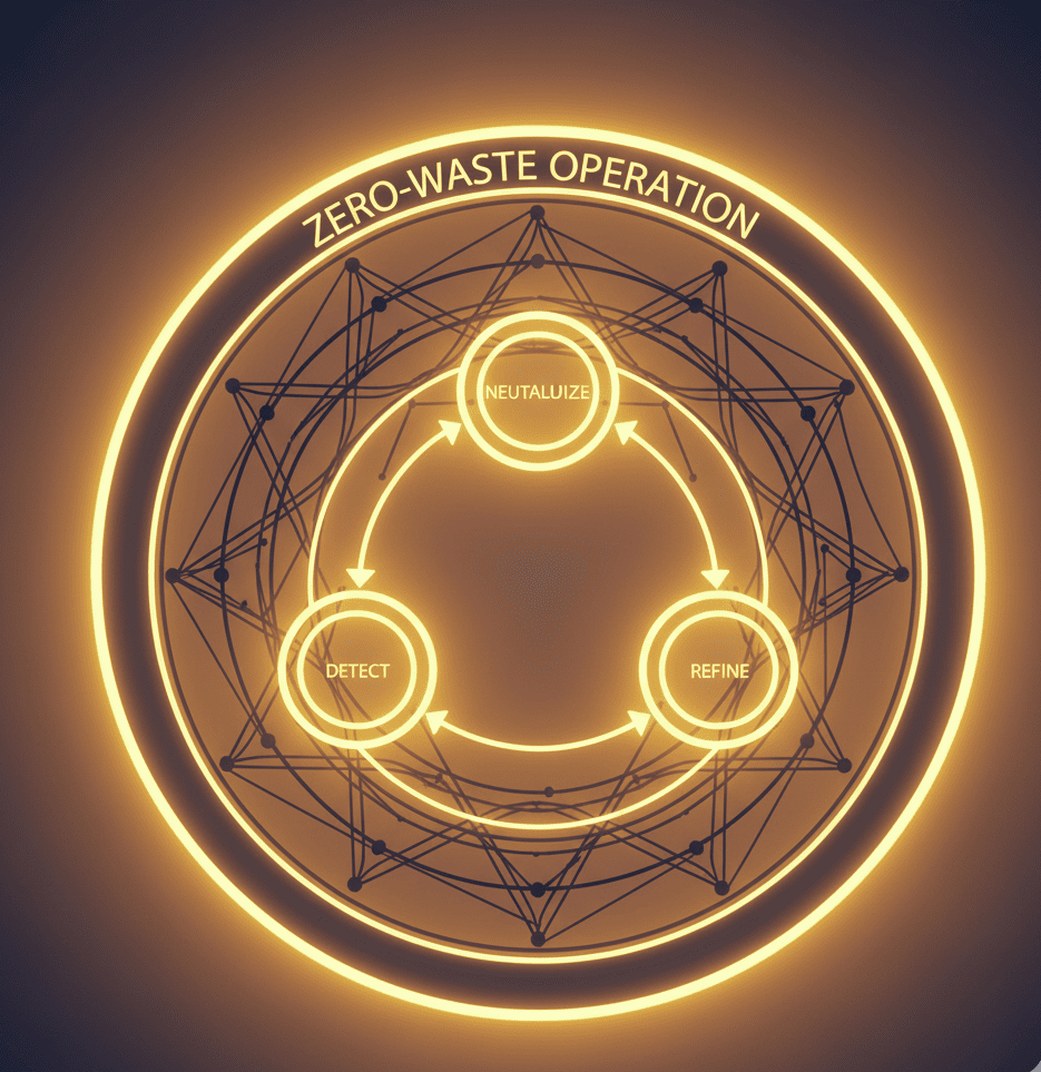 Enterprise architecture diagram with feedback loops labeled ‘Detect,’ ‘Neutralize,’ and ‘Refine’ inside a ring labeled ‘Zero-Waste Operation.
