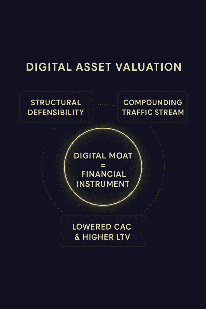 Valuation dashboard showing metrics for structural defensibility, compounding traffic, and CAC/LTV impact.