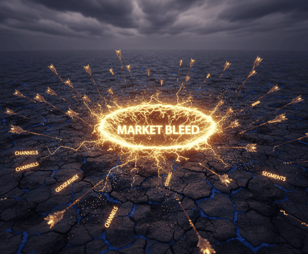 Battlefield map with scattered arrows missing targets and a central crater labeled ‘Market Bleed.