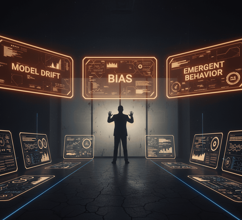 Shadowy control room with autonomous dashboards and warning signals labeled ‘Bias,’ ‘Model Drift,’ and ‘Emergent Behavior.