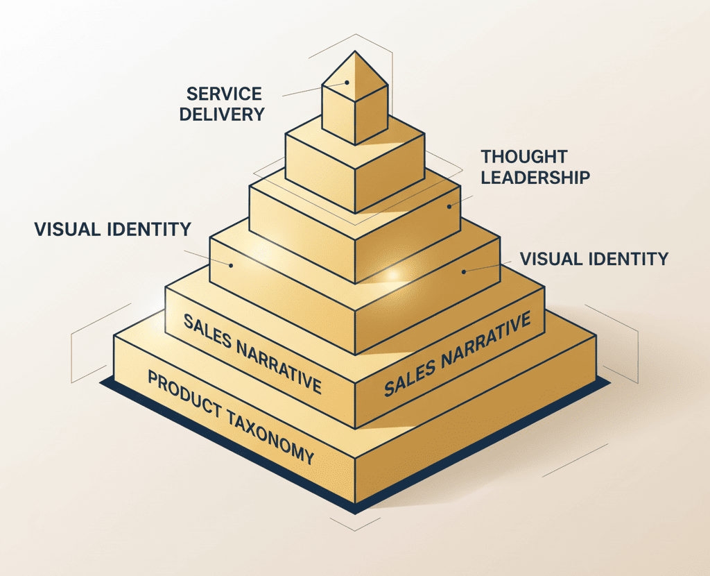 Five-layered pyramid labeled Product Taxonomy, Sales Narrative, Visual Identity, Thought Leadership, and Service Delivery.