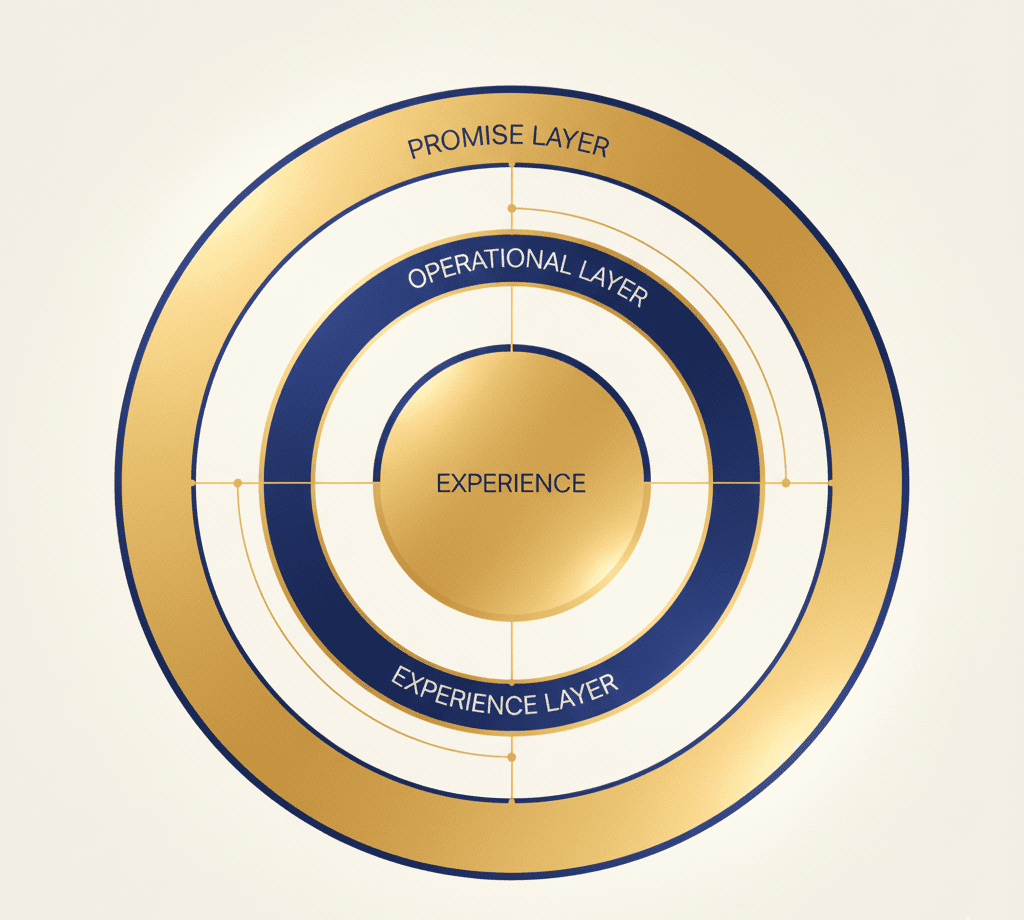 Three interlocking rings labeled Promise, Operational, and Experience Layers forming a glowing brand core.