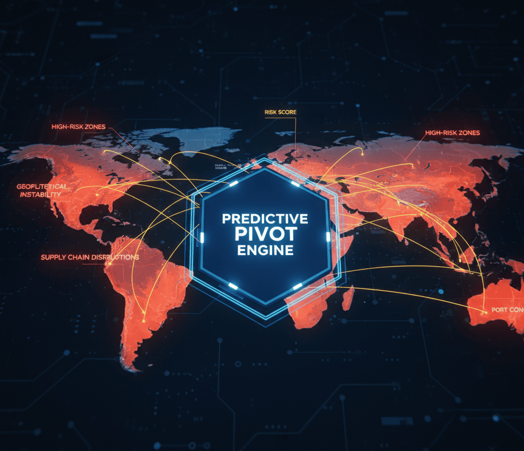 Global logistics map with dynamic risk scores and a central engine rerouting around high-risk zones.