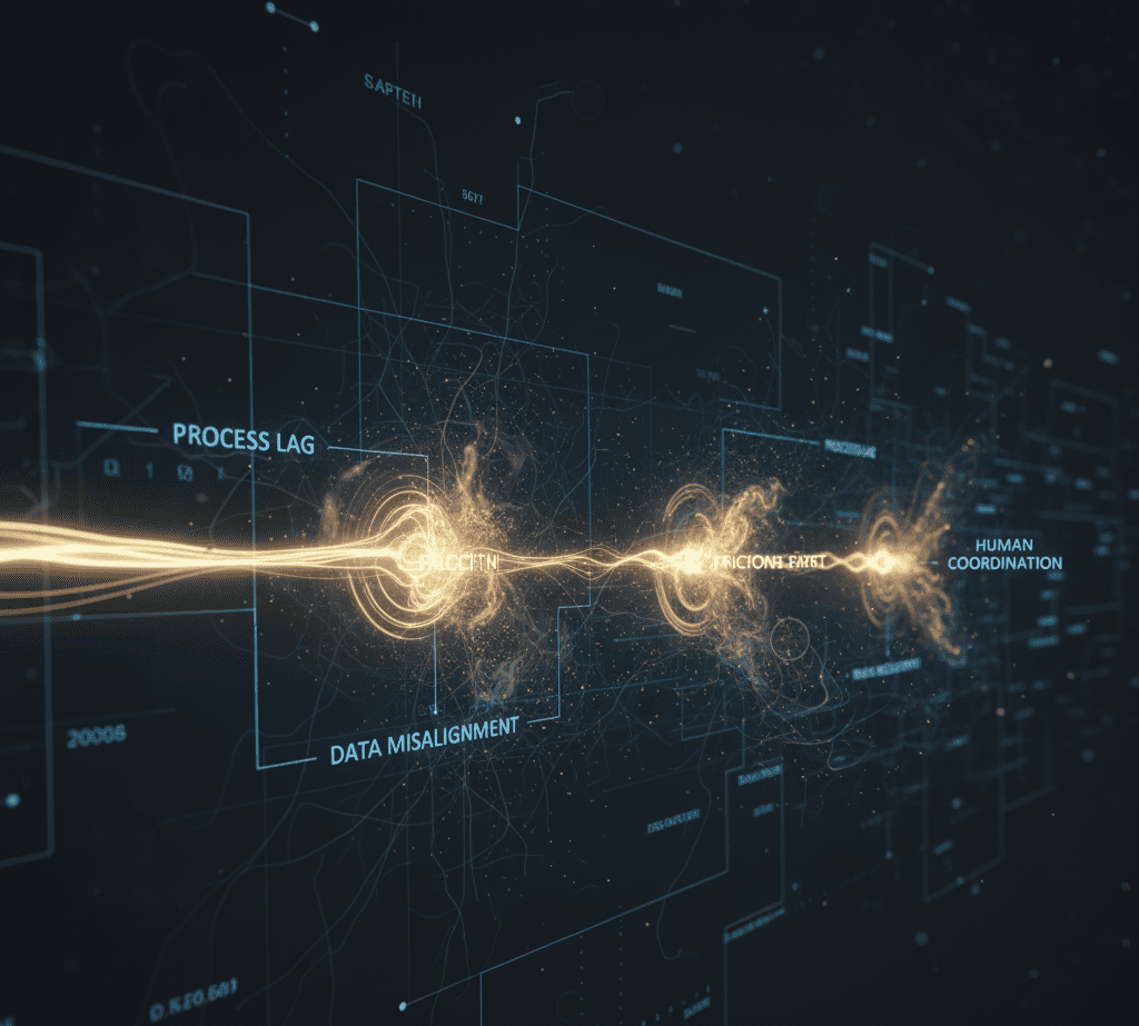 Organizational flowchart showing friction points labeled ‘Process Lag,’ ‘Data Misalignment,’ and ‘Human Coordination’ slowing a central velocity stream.