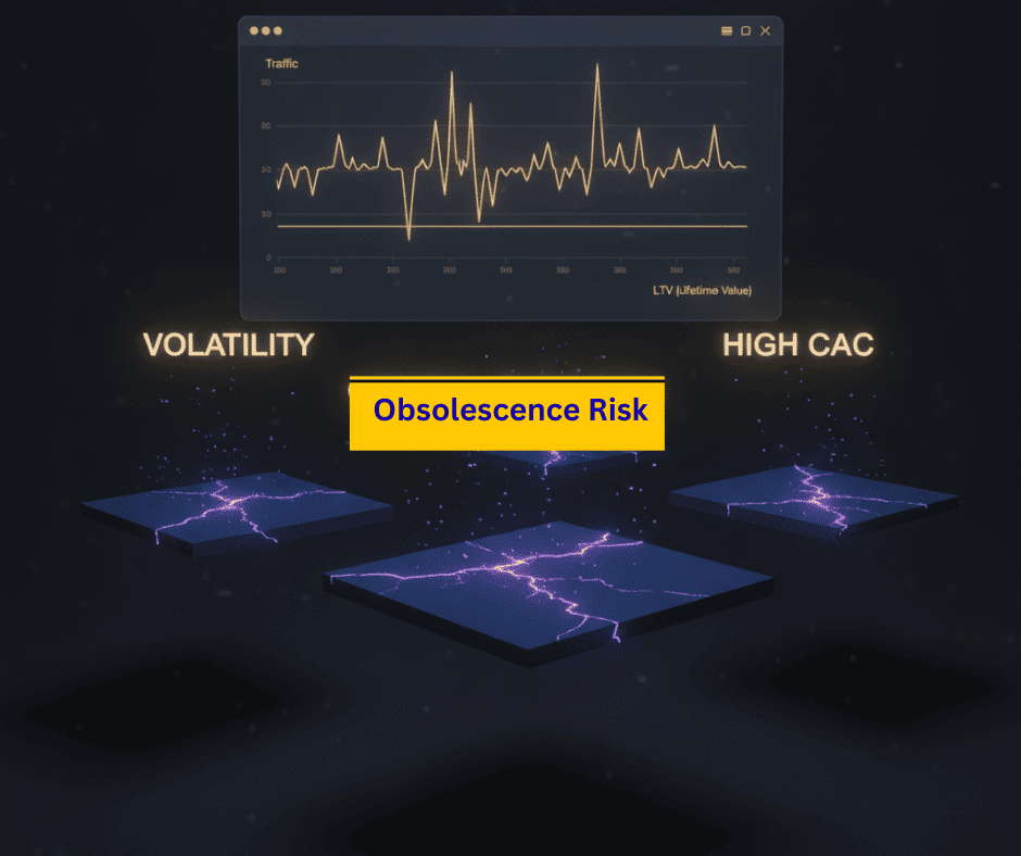 Fragmented keyword pages flickering under algorithmic turbulence with dashboard showing traffic spikes and no LTV.