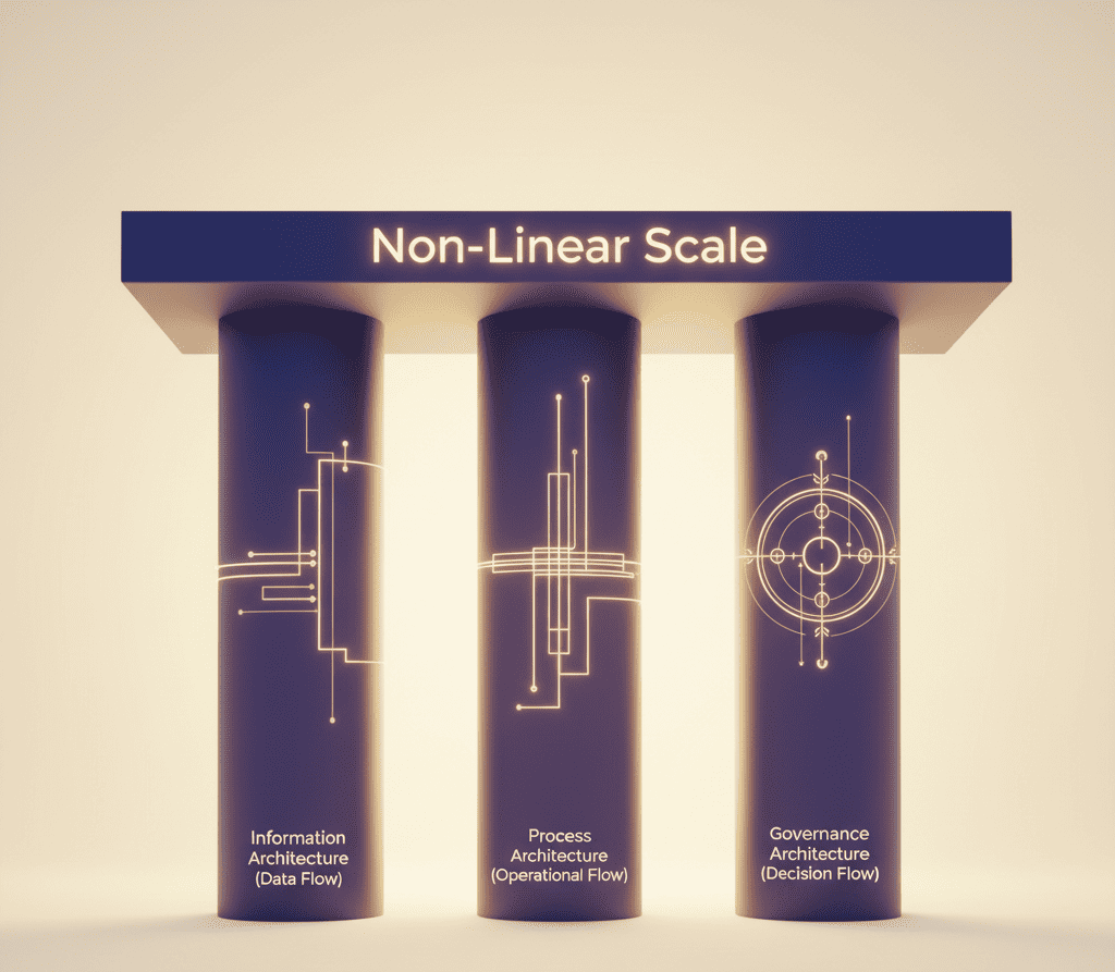 Architectural structure with three pillars labeled Information, Process, and Governance Architecture supporting a roof labeled ‘Non-Linear Scale.’