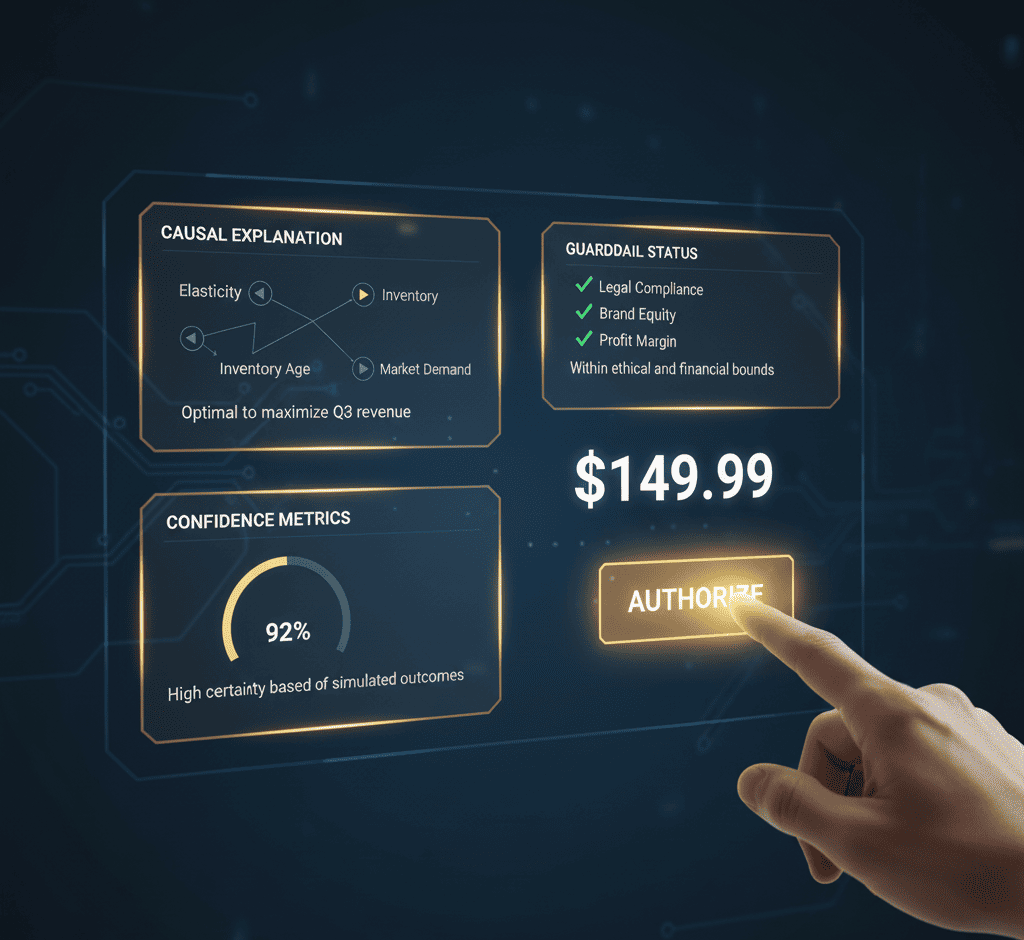 Dashboard showing pricing recommendation with overlays for causal explanation, guardrail status, and confidence metrics.