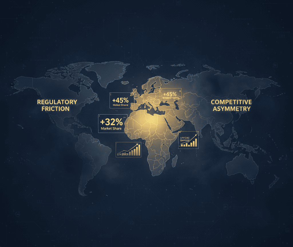 National map glowing with success, surrounded by faded global regions blocked by fog labeled ‘Regulatory Friction’ and ‘Competitive Asymmetry.