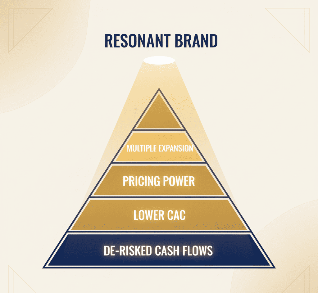 Valuation pyramid with tiers labeled De-risked Cash Flows, Lower CAC, Pricing Power, and Multiple Expansion—illuminated by a spotlight labeled ‘Resonant Brand.