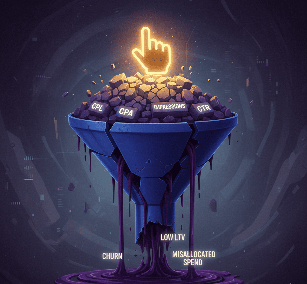 Click icon atop vanity metrics with a leaking funnel labeled ‘Churn,’ ‘Low LTV,’ and ‘Misallocated Spend.