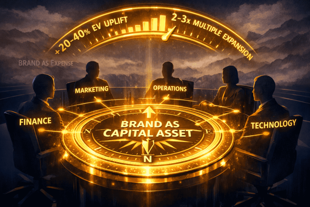 Boardroom table with compass labeled ‘Brand as Capital Asset,’ connected silhouettes of cross-functional leaders, and valuation multiplier dial showing exponential growth.