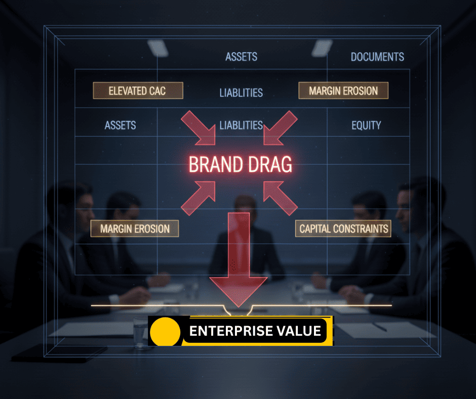 Balance sheet showing hidden tax labeled ‘Brand Drag’ with arrows for CAC, margin erosion, and capital constraints.