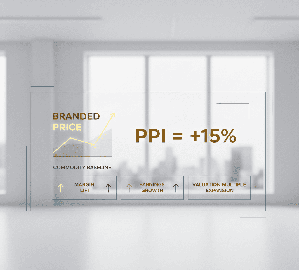 Dashboard comparing branded vs commodity prices with central metric showing PPI = +15%