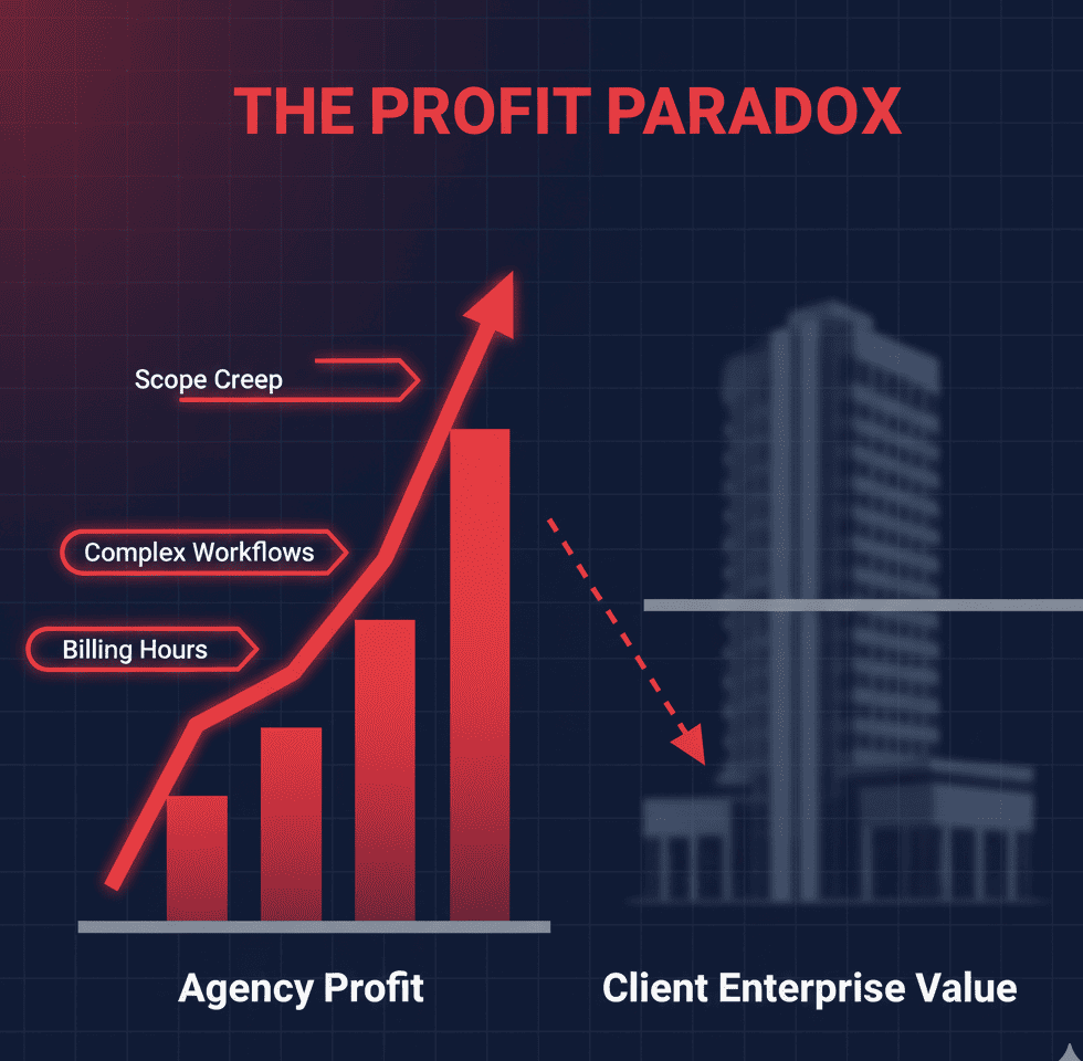 Diagram showing agency profit rising as client efficiency declines, illustrating misaligned incentives.