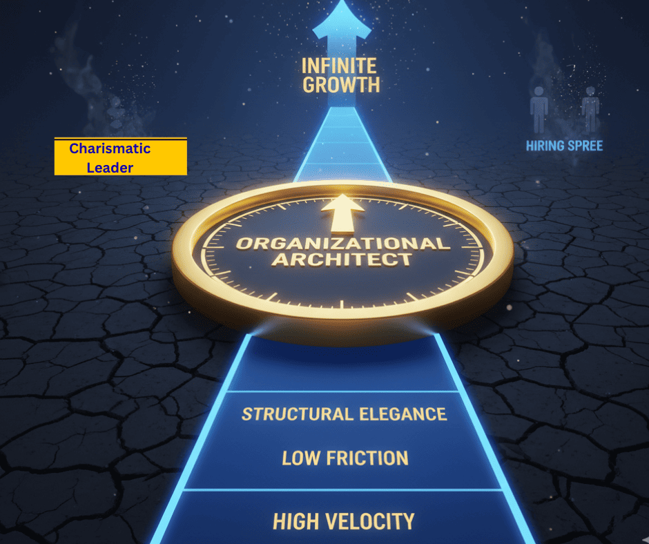 Compass labeled Organizational Architect pointing toward infinite growth with pathway of structural elegance.