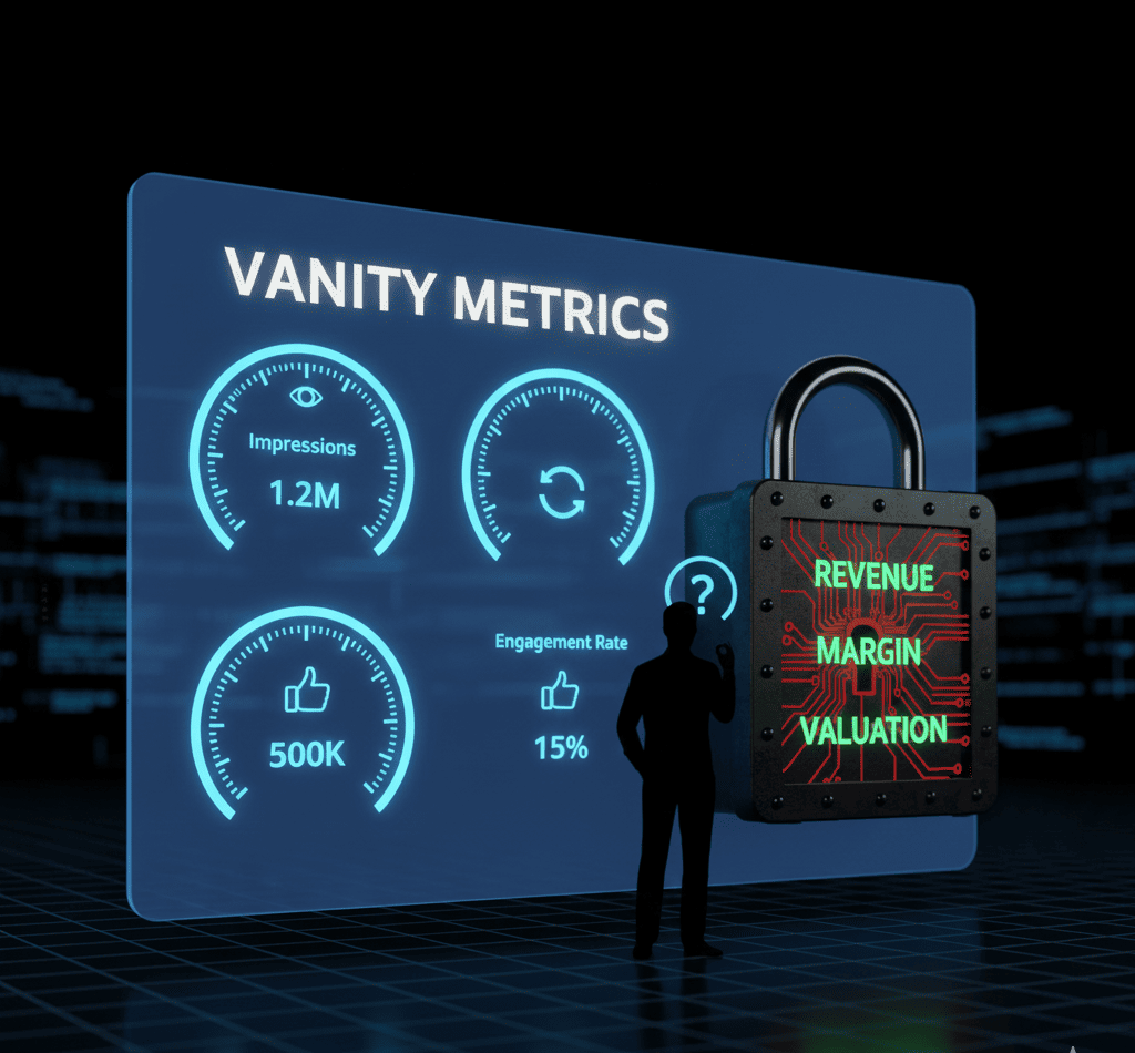 Opaque dashboard filled with vanity metrics like impressions and likes, obscuring true ROI.