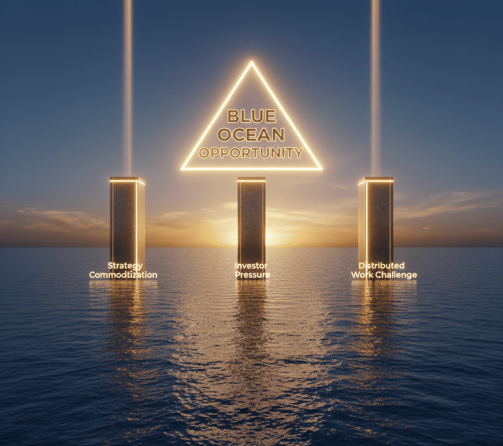 Ocean horizon with three glowing pillars labeled Strategy Commoditization, Investor Pressure, Distributed Work Challenge.