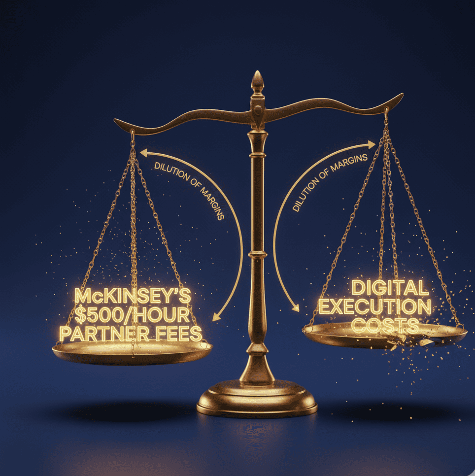 Split illustration showing McKinsey’s glowing strategy decks contrasted with collapsing margins and culture clash when execution is added.