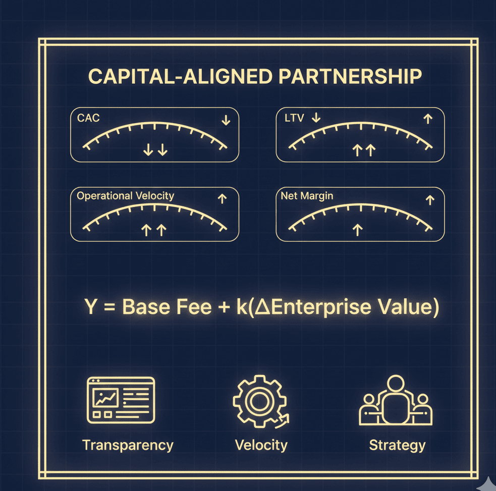 Dashboard showing Capital‑Aligned Partnership model with metrics CAC, LTV, Velocity, and Net Margin tied to enterprise value.