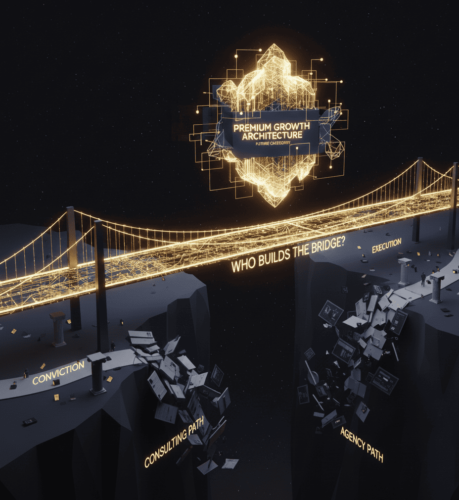 Radiant bridge labeled Who Builds the Bridge, symbolizing Premium Growth Architecture as the defining category.