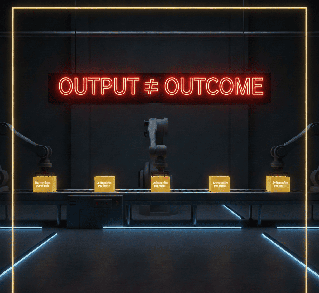 Assembly line of creative deliverables labeled widgets, showing volume over value creation.