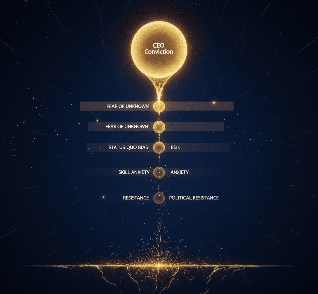 Cascade diagram showing CEO conviction fading into emotional blockers like fear, bias, and resistance.
