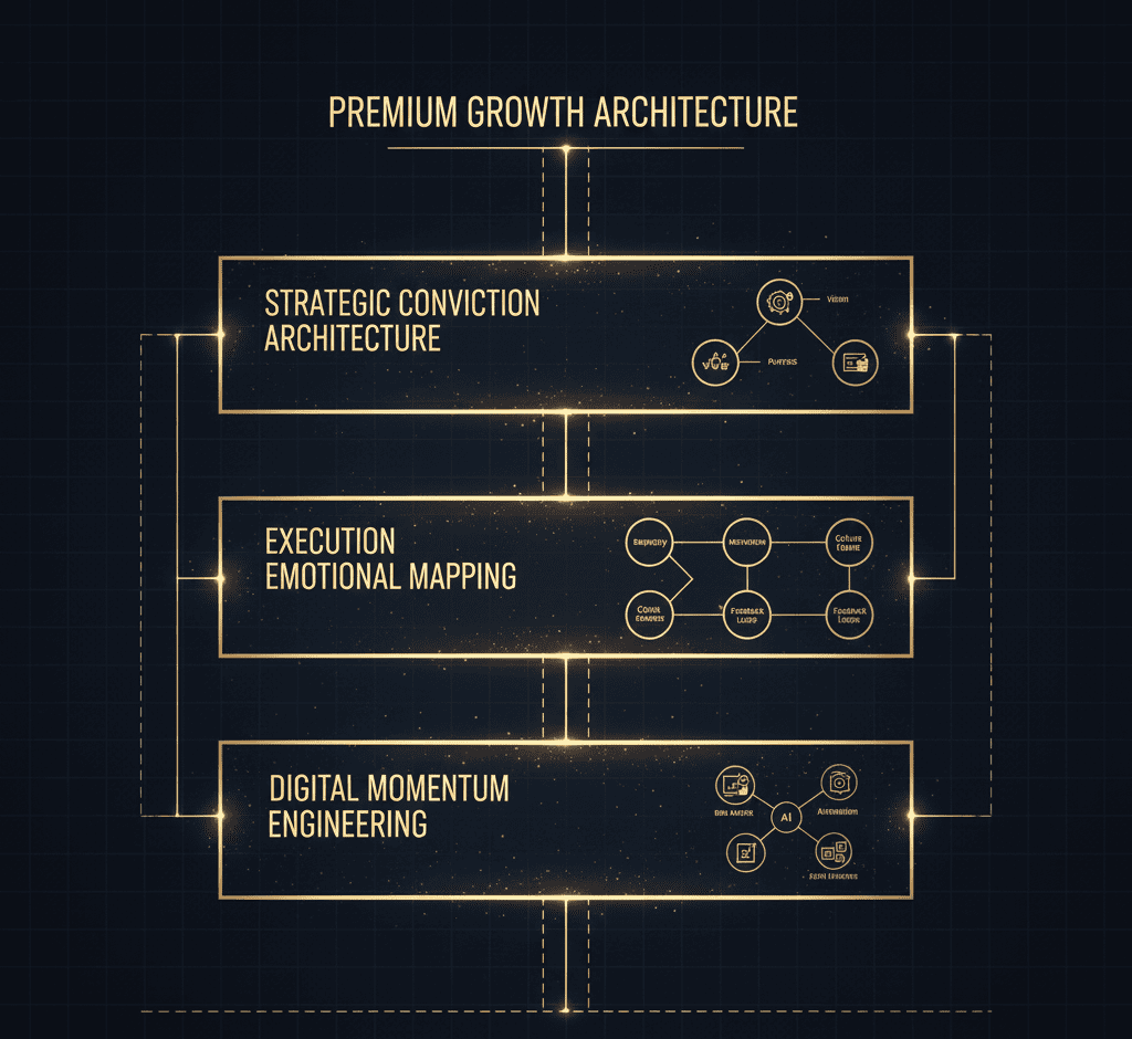 System diagram showing Premium Growth Architecture with layers: conviction, emotional mapping, and digital momentum.