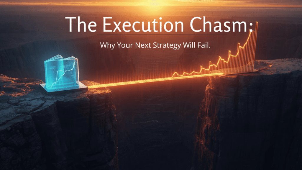 Golden bridge spanning a chasm between strategy decks and growth graphs, labeled Emotional Infrastructure.