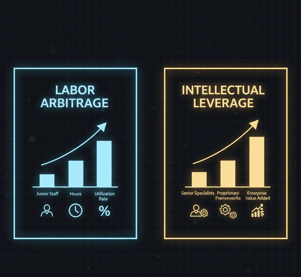 Split chart comparing Labor Arbitrage (hours, junior staff) vs Intellectual Leverage (systems, senior insight)