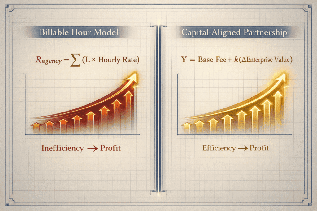 Split equations showing billable hour formula versus capital-aligned partnership formula tied to enterprise value.