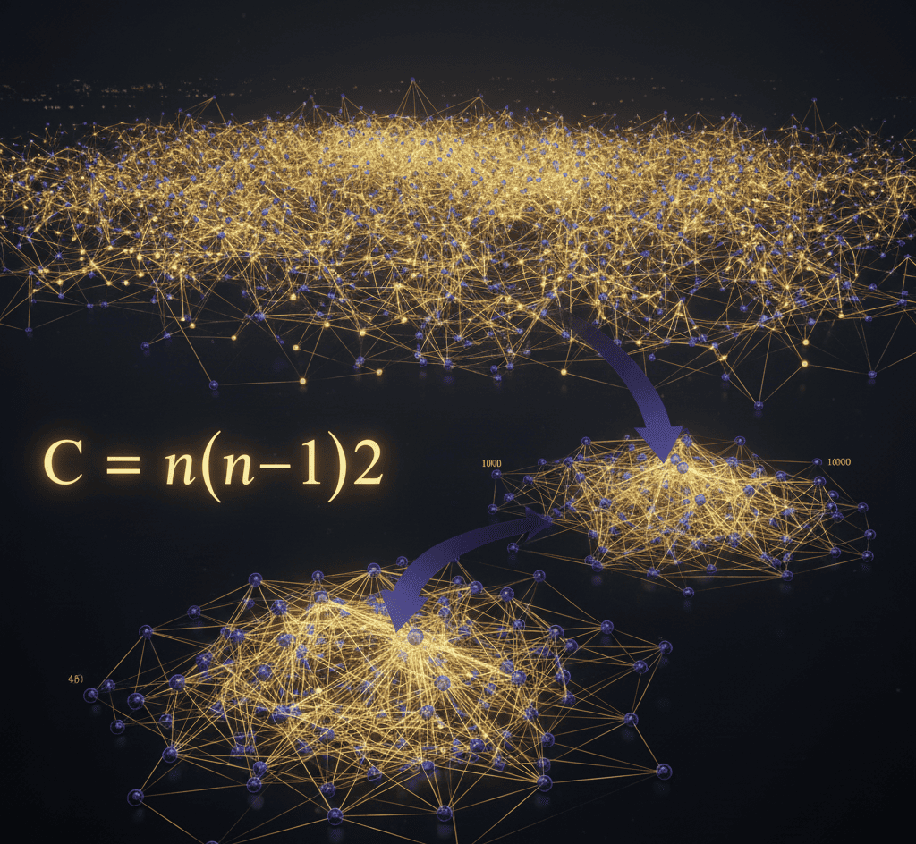 Network diagram showing exponential communication lines with formula C = n(n−1)/2 overlay.