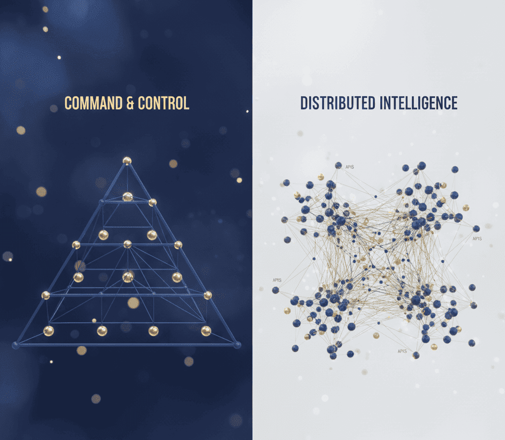 Split diagram showing pyramid hierarchy vs modular microservices network connected by APIs.