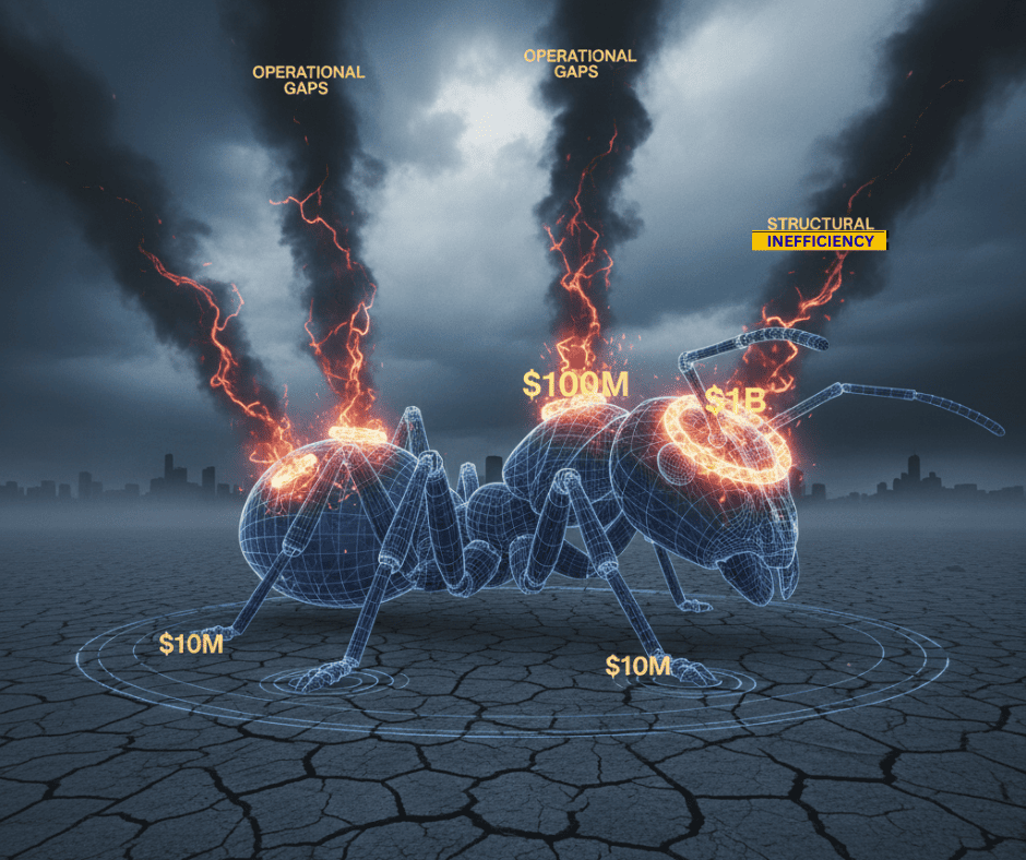 Ant scaled to elephant size collapsing, symbolizing organizational structures breaking at growth thresholds.