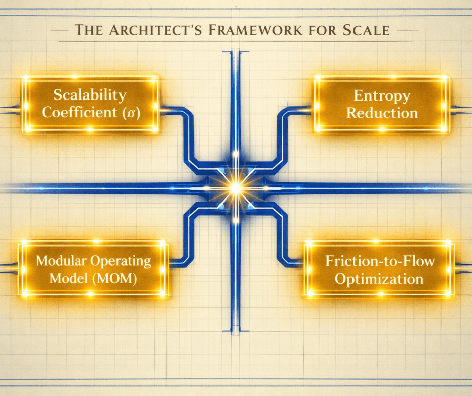 Blueprint diagram showing four modules: Scalability Coefficient, Entropy Reduction, Modular Operating Model, and Friction-to-Flow Optimization.