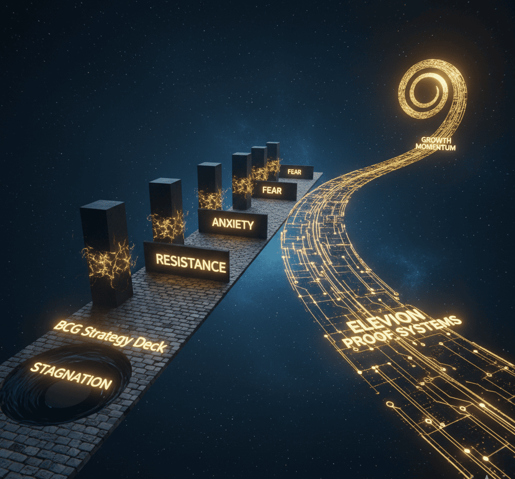 Two diverging paths showing strategy decks leading to stagnation vs Elevion proof systems leading to growth.