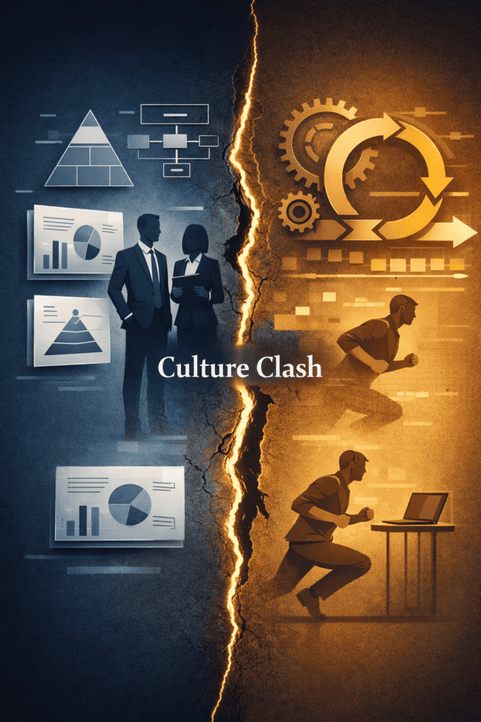 Split diagram showing consultants vs executors separated by a culture clash fault line.”