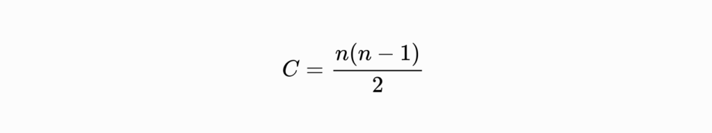 Mathematical formula C = n(n − 1)/2 representing the exponential growth of communication lines in an organization.